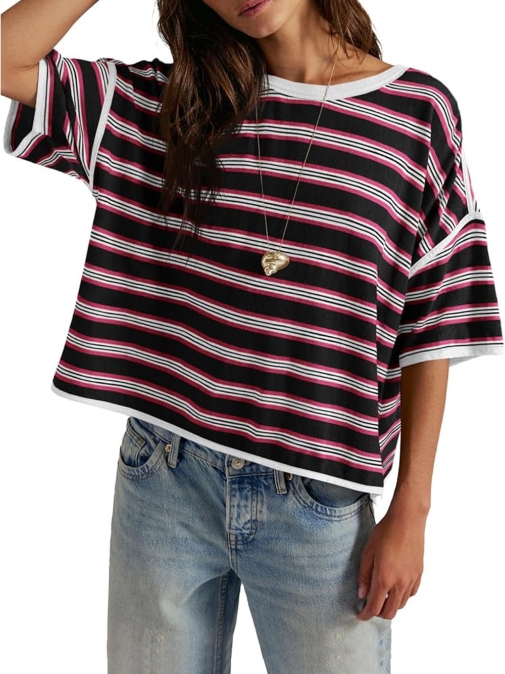 Women’s Striped Short Sleeve Tee - Black & Pink